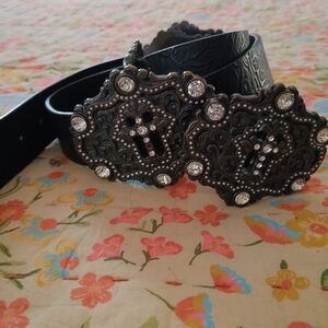 Black Western Triple Buckle Belt with Rhinestone Cross Details